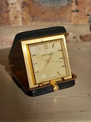 Vintage 1960s Louis Rossel Travel Alarm Clock Swiss Made Gold Tone Leather Case