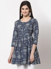 Indian Women Cotton Blue  Cream Printed Kurta Kurti Top Tunic New Dress