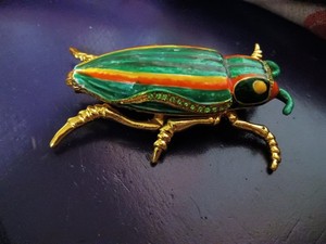 Gold Tone Green Orange Enamel Beetle Insect Hinged trinket box