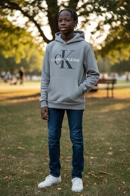 Calvin Klein Jeans Hoodie Youth L 14/16 Gray CK Logo Pullover Sweatshirt Unisex