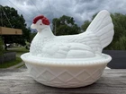 Westmoreland Vintage White Milk Glass Hen On Nest, Red Comb and Eyes, 7.5” MCM