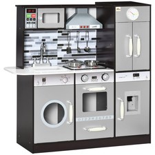 Wooden Play Kitchen with Lights Sounds, Kids Kitchen Playset with Washing Mac...