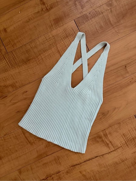 Brand New Vintage Y2K Cotton Knit Ribbed V-Neck Crossback Tank Top Baby Blue