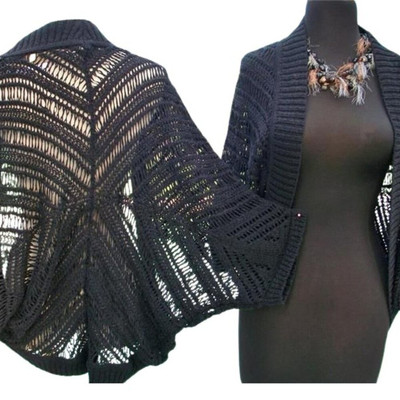 Cache Black Open Knit Jacket Top Shrug Banded Bottom Trim New Stretch $108 NWT