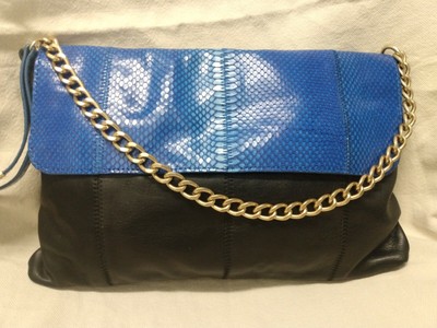 NEW FOLEY & CORINNA BLUE SNAKESKIN & BLACK LEATHER SHOULDER BAG CLUTCH 