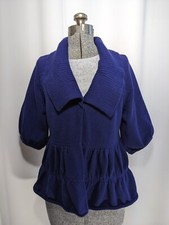 Vintage Karen Kane Blue Sweater 1/2 Sleeve Peplum Hem Big Collar Size L