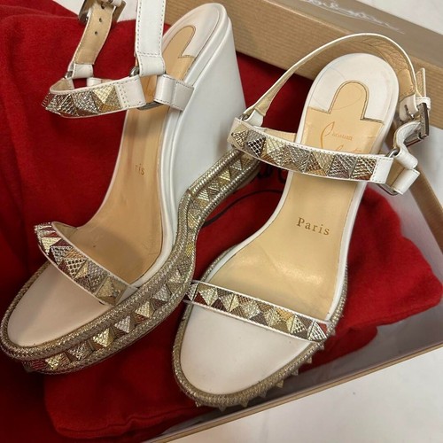 Christian Louboutin Mules Sandals Heel Studs Leather White EU37/US7 19167c - Picture 2 of 9