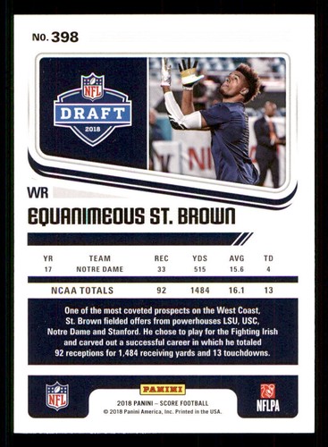 2018 Score #398 Equanimeous St. Brown RC - Picture 2 of 2