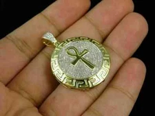 2Ct Round Cut Simulated Diamond Ankh Medallion Pendant 14K Yellow Gold Plated
