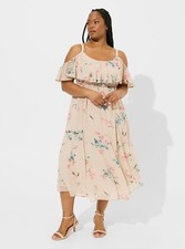 Torrid Tea Length Chiffon Cold Shoulder A-Line Dress Tan Floral Size 0 12 Large