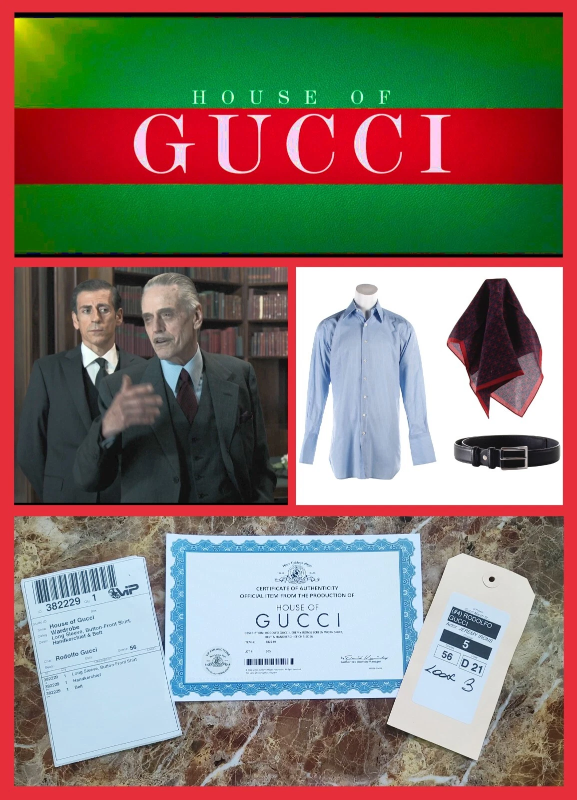 MAISON DE GUCCI : chemise Rodolfo/Jeremy Irons, mouchoir Gucci et ceinture MGM COA