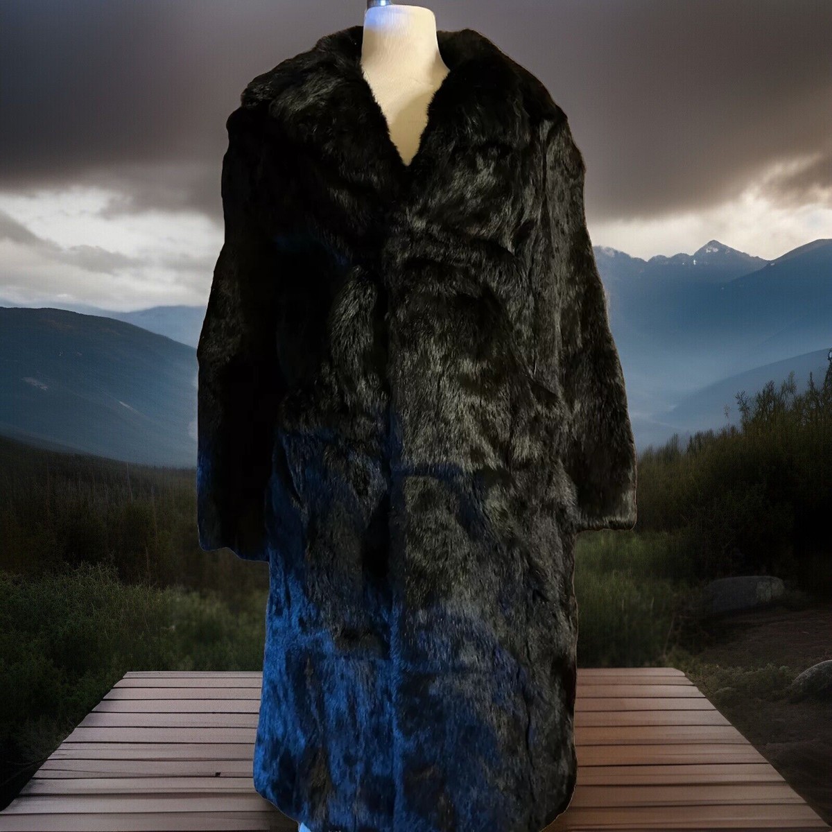 100% Rabbit Fur Long Black Coat Women's Size 40 Brass Bullet Brand