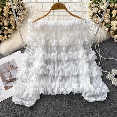 Women Chiffon Ruffle Off-shoulder Blouse Top Pleated Long Puff Sleeve Tiered Top - Picture 8 of 17
