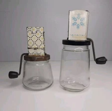 2 Vintage Nut Choppers Spice Grinders Glass Bottoms Androck Starburst 