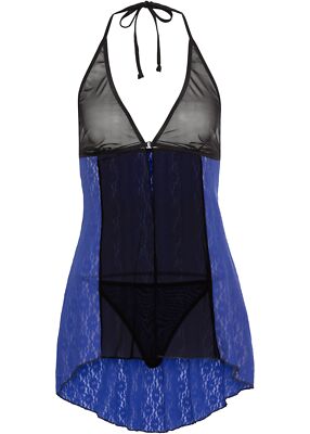 2tlg Negligé+String Gr. 40/42 Schwarz Royal Blau Damen Sexy Dessous m Spitze Neu