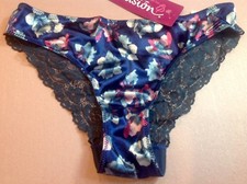 Women Panties Bikinis ILUSION Size M.Blue Satin floral Fishnet Soft Silky W/deco
