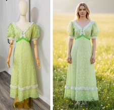 VTG 60s White Green Gingham Burnout Velvet Dress Prairie Cottage Core Size S 