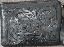 Patricia Nash Black Embossed Floral Clutch Zip Closure Brown Suede Lining