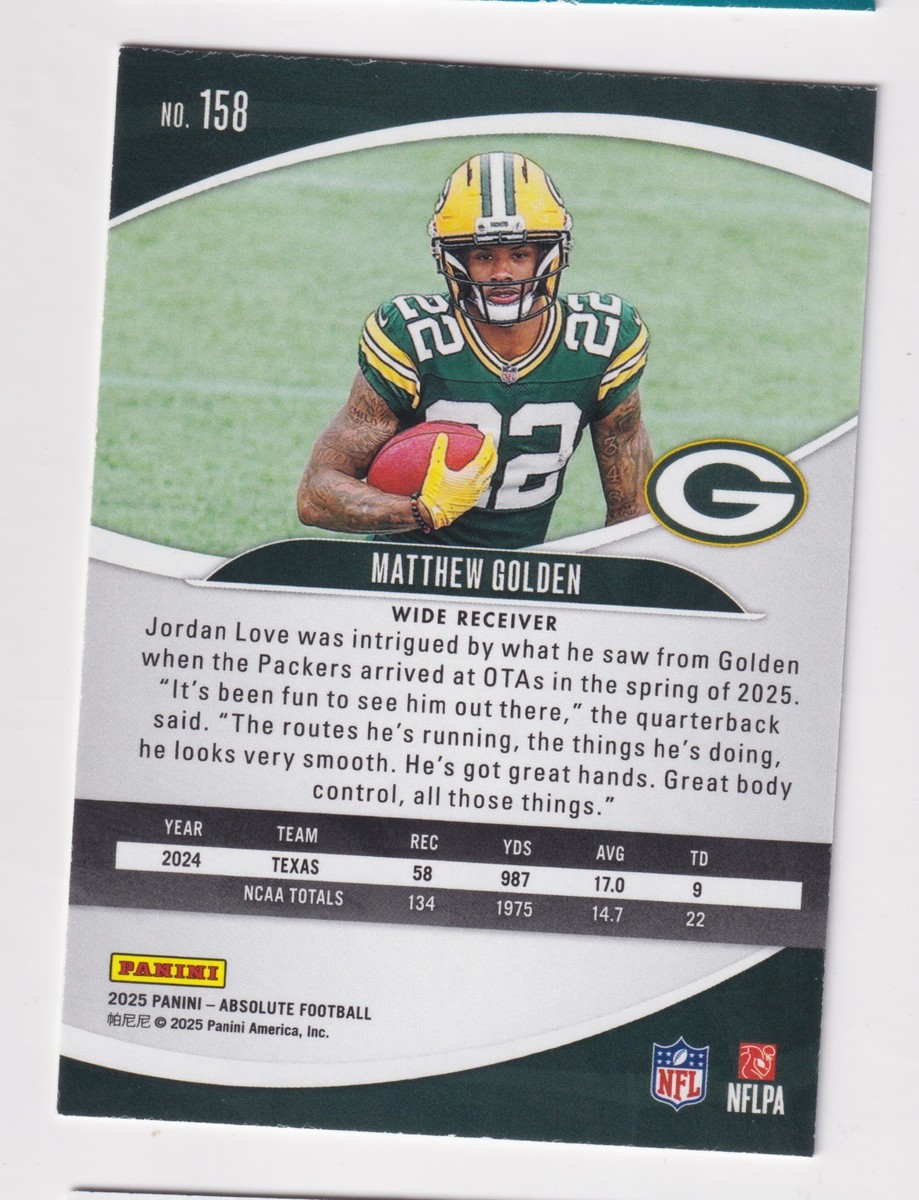 2025 Panini Absolute #158 MATTHEW GOLDEN RC Rookie Green Bay