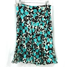 Alfani Silk Blue Roses Floral A Line Flair Knee Length Midi Skirt 6 S