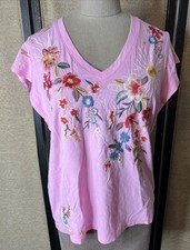 Johnny Was Pink Short Sleeve Embroidered Lissa Flutter Sleeve Tee Size PXS 115