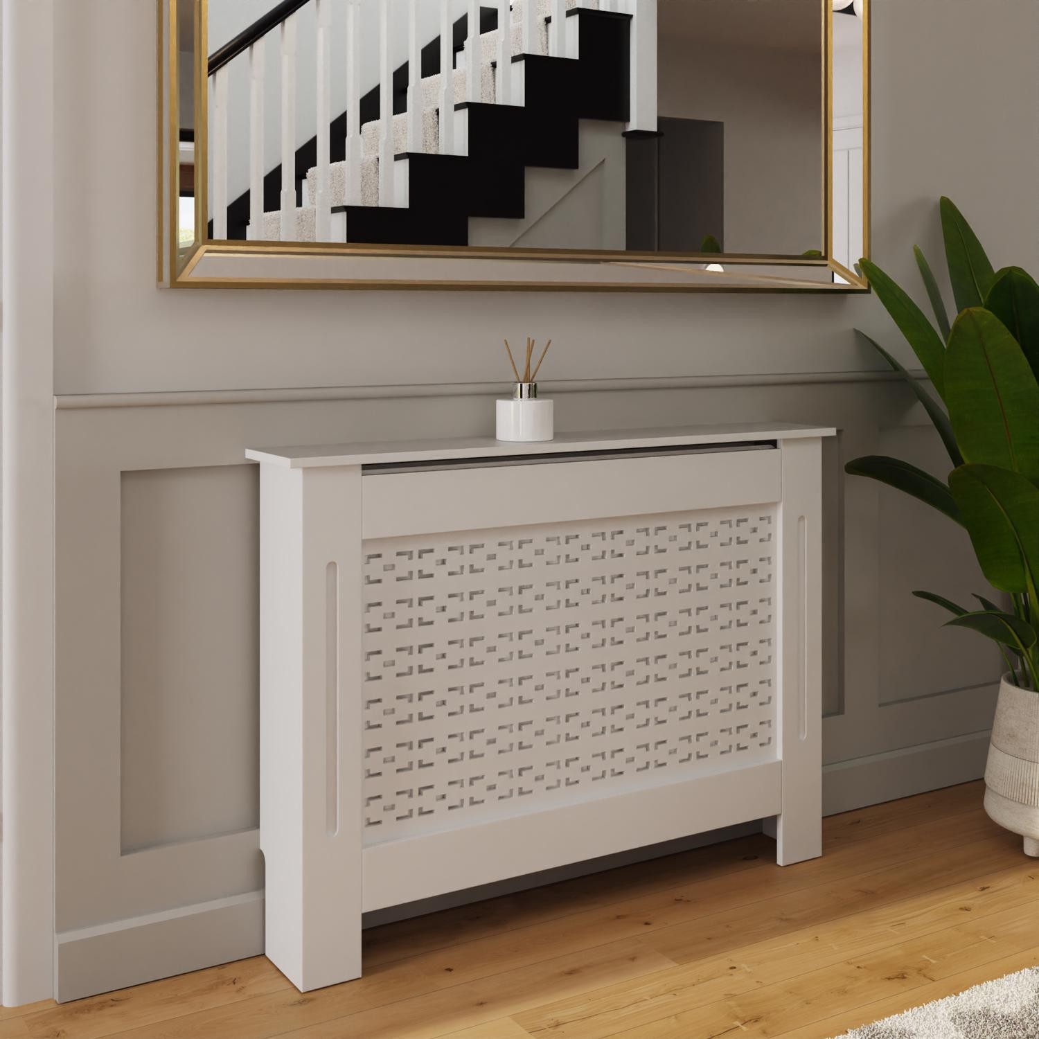 Geometric Pattern Medium MDF White Radiator Cover Stylish Functional