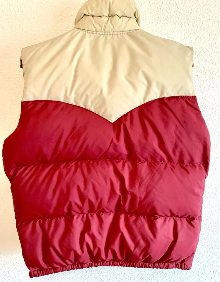 Vtg 70s Mens DOWN Puffer VEST M Red Cream Two Tone Button Up Western USA - Image 3 of 4