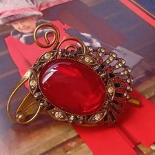 Vintage Red Cabochon Rhinestone Brooch Gold Tone Red Clear Black Accents
