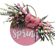 Hello Spring Sign Wreath for Front Door, Lavender and Pink Flower Cluster Wooden