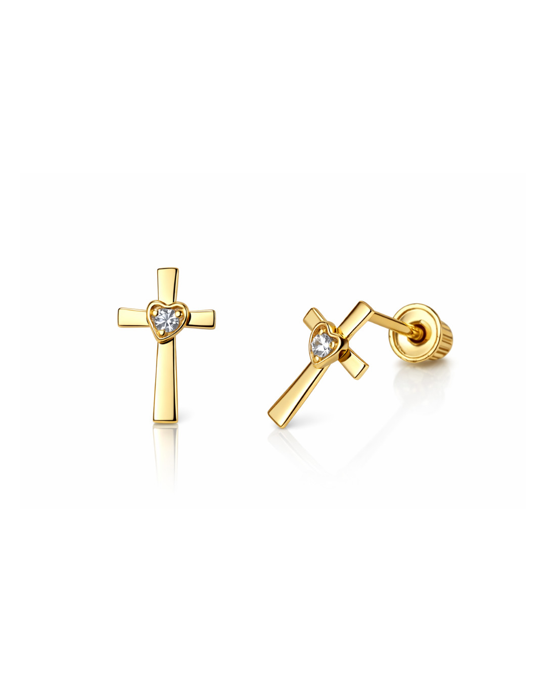 14K Yellow or White Gold Heart CZ Cross Earrings
