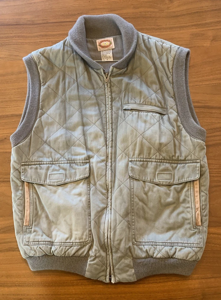 Vintage 80s Banana Republic Safari Vest Mens M Quilted Leather Trim Gray Faded - Image 3 of 4
