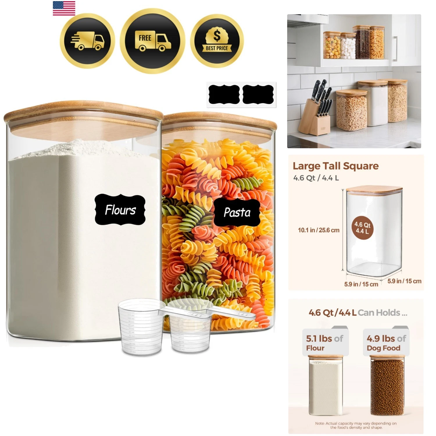 1.2 Gallon Wide Mouth Flour Sugar Storage Containers 2 Pcs, 4.6 Qt Glass Stor...