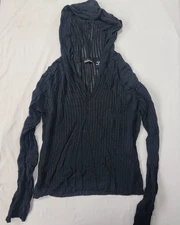 Moda International Women's Long Sleeve Hooded Shirt Top Black Sheer Vint. MEDIUM