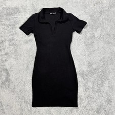 Zara Black Knit Dress Size Small Short Stretch V Neck Point Collar Tight Fit