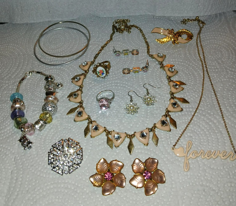 2 Lovely Pink Necklaces+W. Germany Earrings+2 RINGS+Beaded Bracelet+2 Pins+1 #38