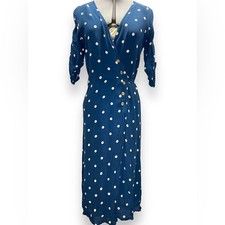 Faithfull The Brand Anne Marie Wrap Navy Blue Midi Dress Ronja Dot Vintage S