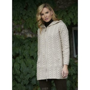aran craft merino wool open front cardigan with pockets