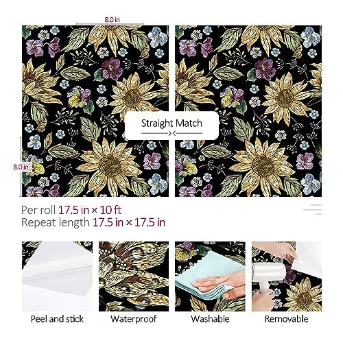 Peel and Stick Floral Wallpaper Vintage Floral Wallpaper Dark 17.5in×