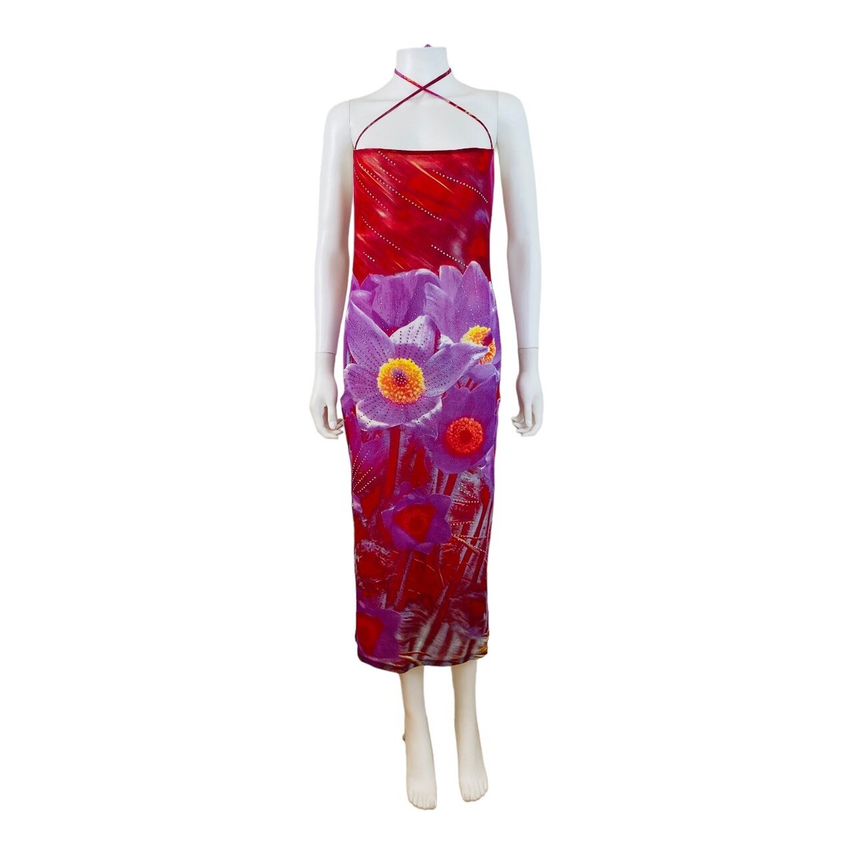 blue dress for baby girl Roberto Cavalli SS2000 Floral Halter Tie Dress – Allison's Archive main image 0