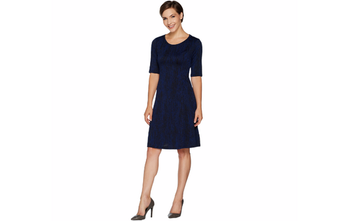 H by Halston Petite Knit Jacquard Fit & Flare Dress Blue PM A294982 QVC