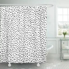 13 Piece Shower Curtain Set White w/Black Dots Fabric 12 Plastic Hooks 60x72"