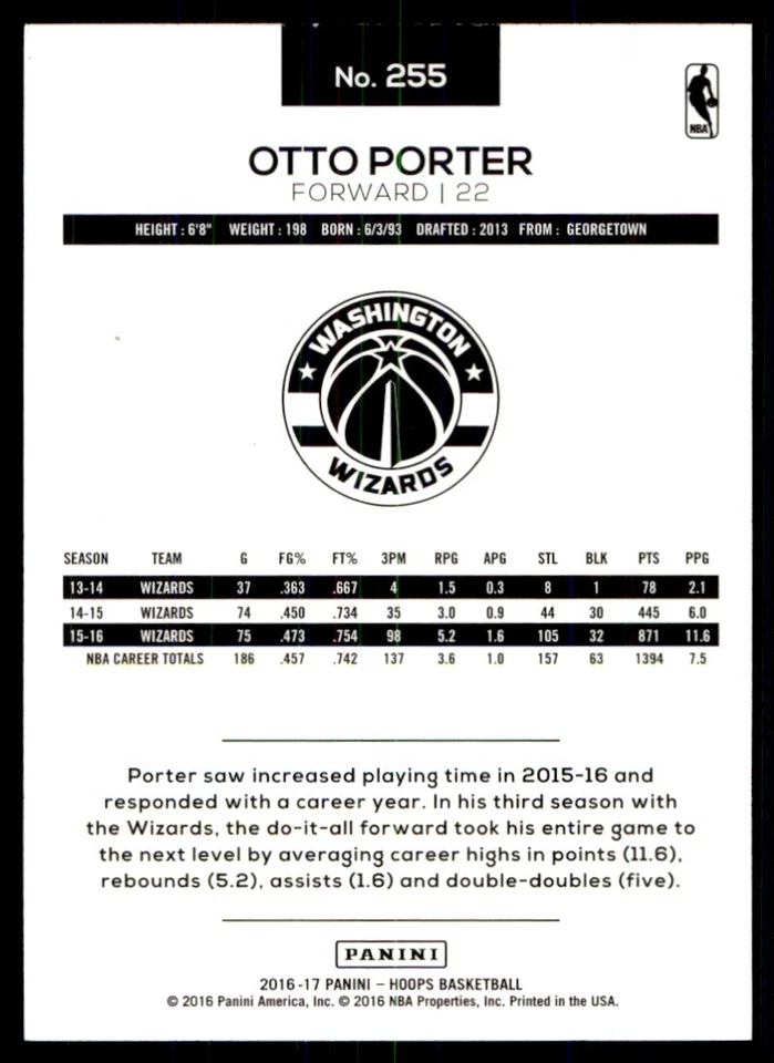 2016-17 Hoops Otto Porter Washington Wizards #255 - Image 2 of 2