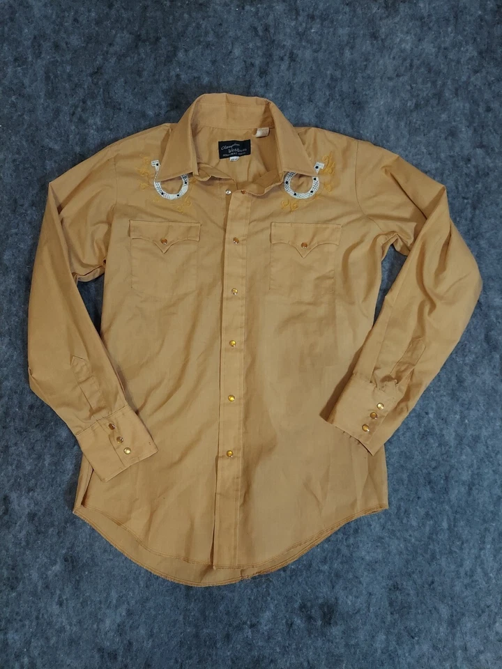 Vtg Champion Westerns Shirt Mens 15 1/2 - 33 Brown Embroidered Horse Shoes Pearl - Image 2 of 4