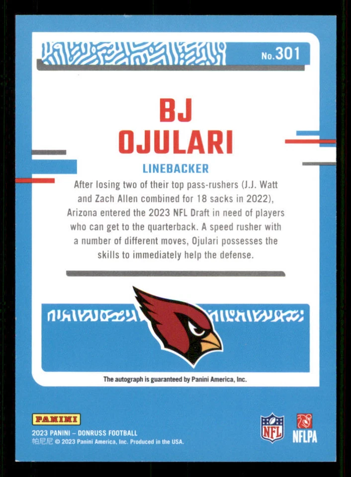 2023 Donruss Rated Rookies AUTO Orange #301 BJ Ojulari - Image 2 of 2