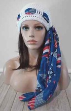 crochet womans handmade scarf hat flag patriotic chemo red white blue