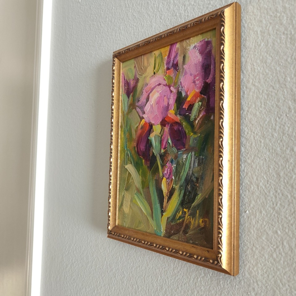 Purple Iris Framed Painting Small Original Art Abstract Painting Signed