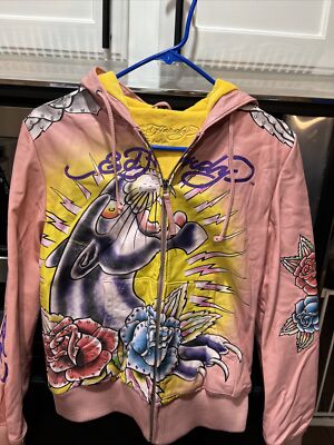 Ed Hardy Large Women's Hoodie Leather jacket With Embroidery and