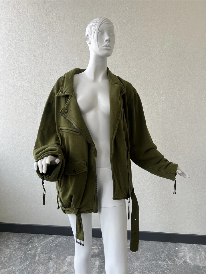 Women XL We The Free People Rebel Knit Moto Jacket Coat Green Cotton Oversized