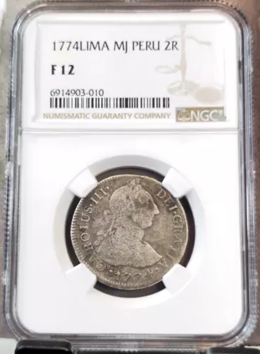 1774 PERU SILVER 2 REALES 2R CHARLES III NGC F 12 EXTREMELY RARE LOW POP