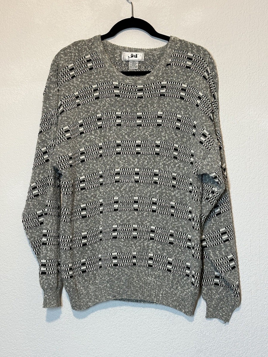 Vintage Mens Large 3D Textured Knit Sweater Black White Pink